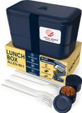 Umami All-in-1 1,5L Bento Lunchbox voor volwassenen met bestek en 2 sauscontainers, lekvrij, magnetronbestendig, vaatwasserbestendig, vriezerbestendig, Koninklijk Blauw