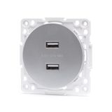 Adapter Icecat Adapter voor 2 USB-stopcontacten in elegant design in zilver, compatibel met Duitse en Franse systemen, ideaal voor het stijlvol opladen van je apparaten