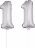 Shoppartners Bv 11 jaar leeftijd feestartikelen - versiering cijfers - ballonnen op stokje - van 41 cm - Combi van cijfer 11 - in het zilver