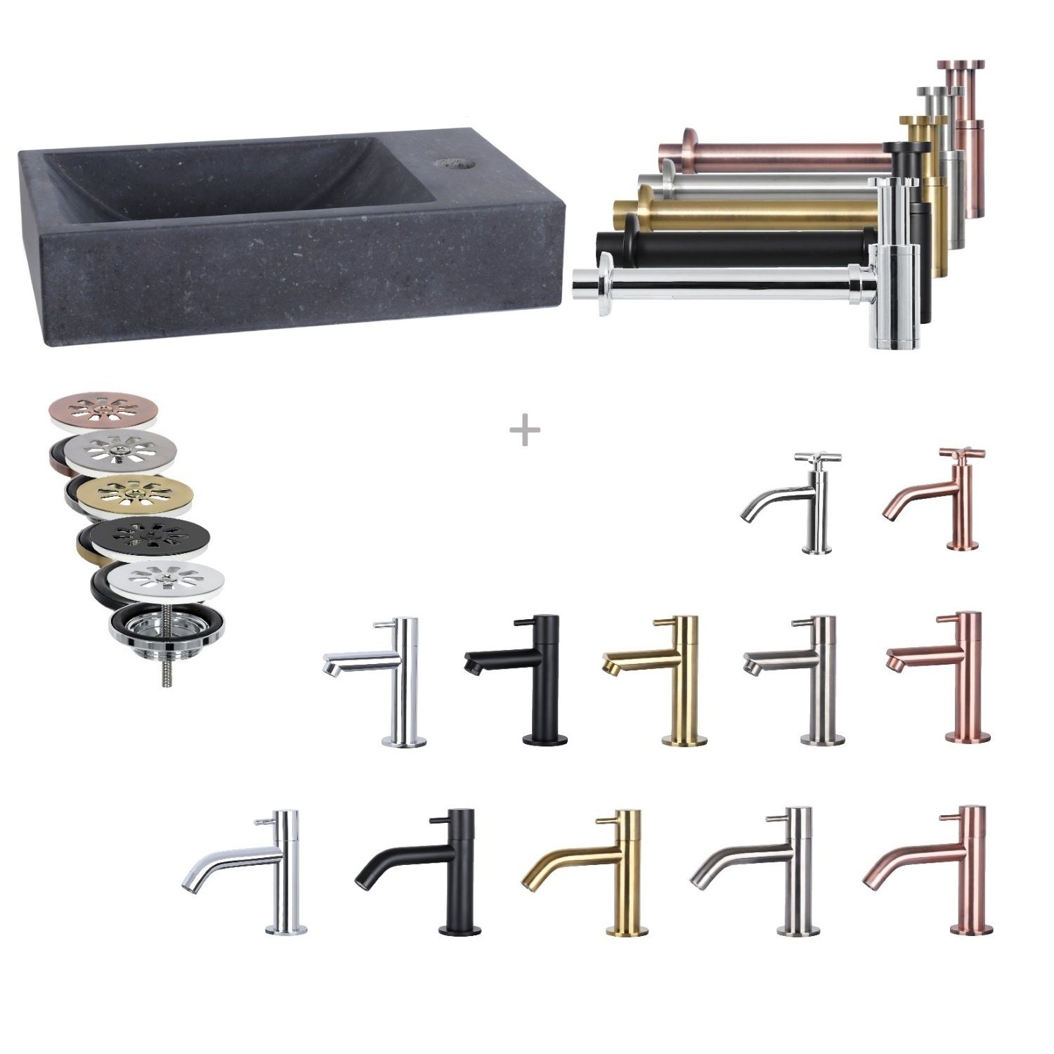 Differnz Fonteinset Mix En Match Force 40x22x9 cm Natuursteen Bombai Black (Keuze Uit 5 Kleuren Kranen)