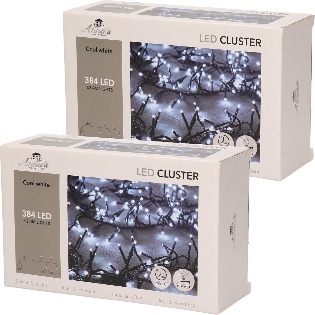 Anna's Collection Set van 2x stuks clusterverlichting helder wit buiten 384 lampjes met timer - Kerstverlichting - Boomverlichting/feestverlichting lichtsnoeren