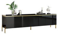Meuble TV brillant, avec 4 portes, accents dorés, gestion des câbles, design moderne
