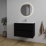 Saniclass Chaci Badkamermeubelset - 80x46x55cm - keramische wastafel wit - 1 ovale wasbak - 1 kraangat - 2 lades - ronde spiegel met verlichting - mat zwart