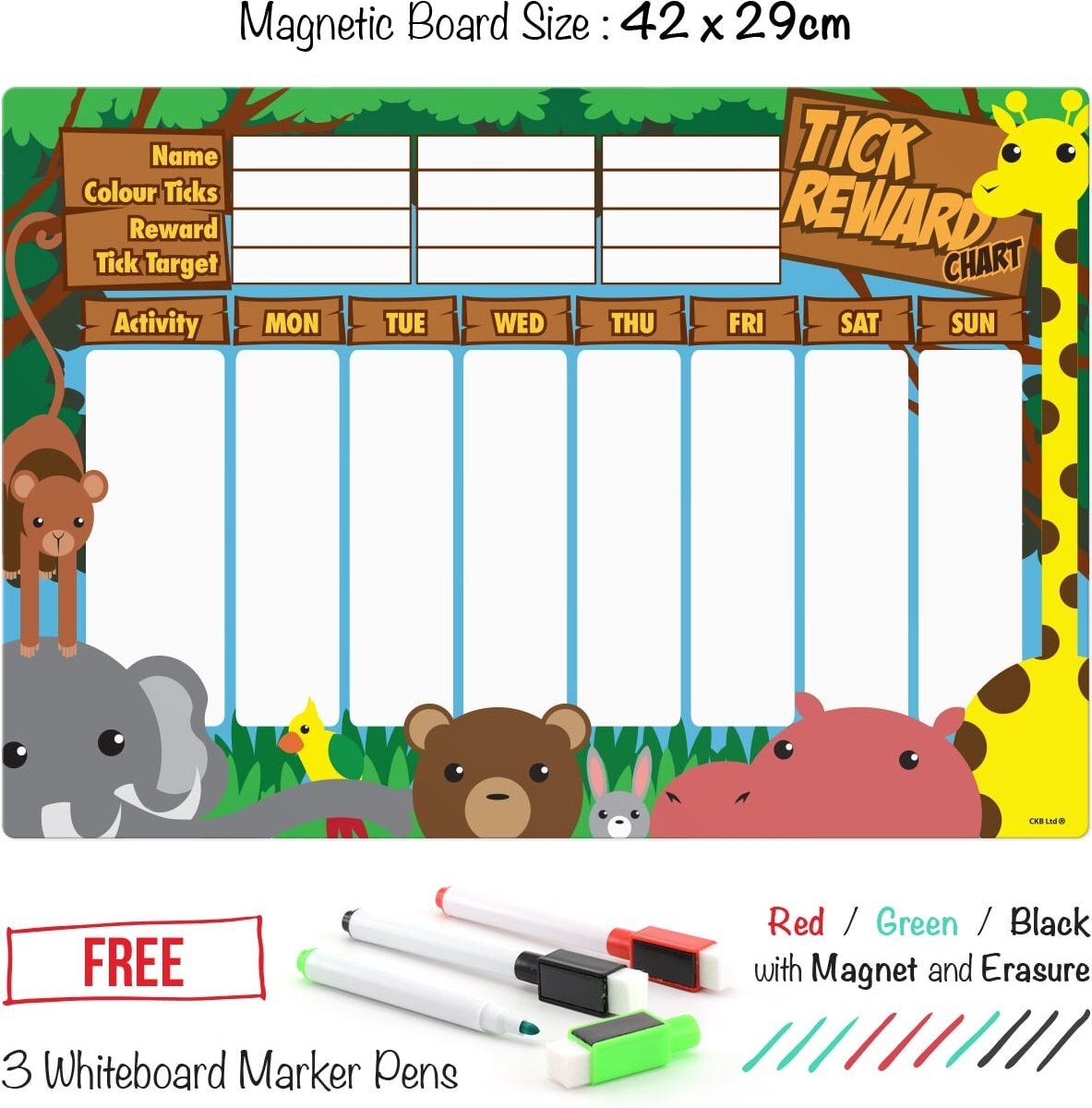 CKB Ltd CKB Ltd® A3 Dry Erase jungledieren, magnetische beloning/plannerbord voor 3 kinderen, leer kinderen, goede praktijk, droog eras, magneetbord voor koelkast, 42 x 29 cm