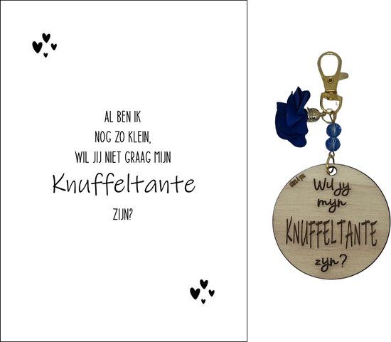 Sleutelhanger Wil jij mijn Knuffeltante zijn? blauw hartjes peettante vragen meter worden