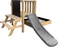 AXI Leah Mini Speeltoren met Zandbak en Picknicktafel – Grijze Glijbaan – Met Krijtbord – FSC hout – Klein speeltoestel voor de tuin / buiten