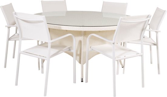 Hioshop Volta tuinmeubelset tafel Ø150cm en 6 stoel Santorini wit.