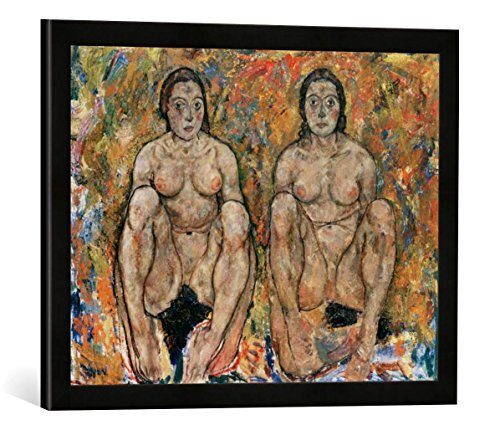 kunst für alle Ingelijste afbeelding van Egon Schiele hurkende vrouwenpaar, kunstdruk in hoogwaardige handgemaakte fotolijsten, 60 x 40 cm, mat zwart