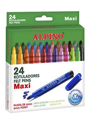 Alpino Maxi viltstiften voor kinderen, dikke viltstiften, etui met 24 kleuren met 6 mm dikke punt, afwasbare inkt, ideaal voor knutselwerk, mandala's of school.