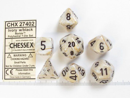 Chessex Dice Set 7 Polyhedral Marble Ivory w/ Black - 0601982024529