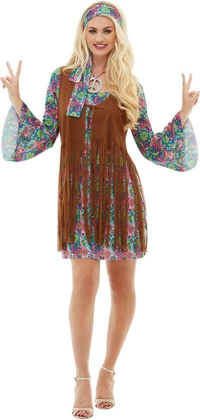 FUNIDELIA Hippie Kostuum voor Dames - Hippie Jurk - Maat S - Meerkleurig