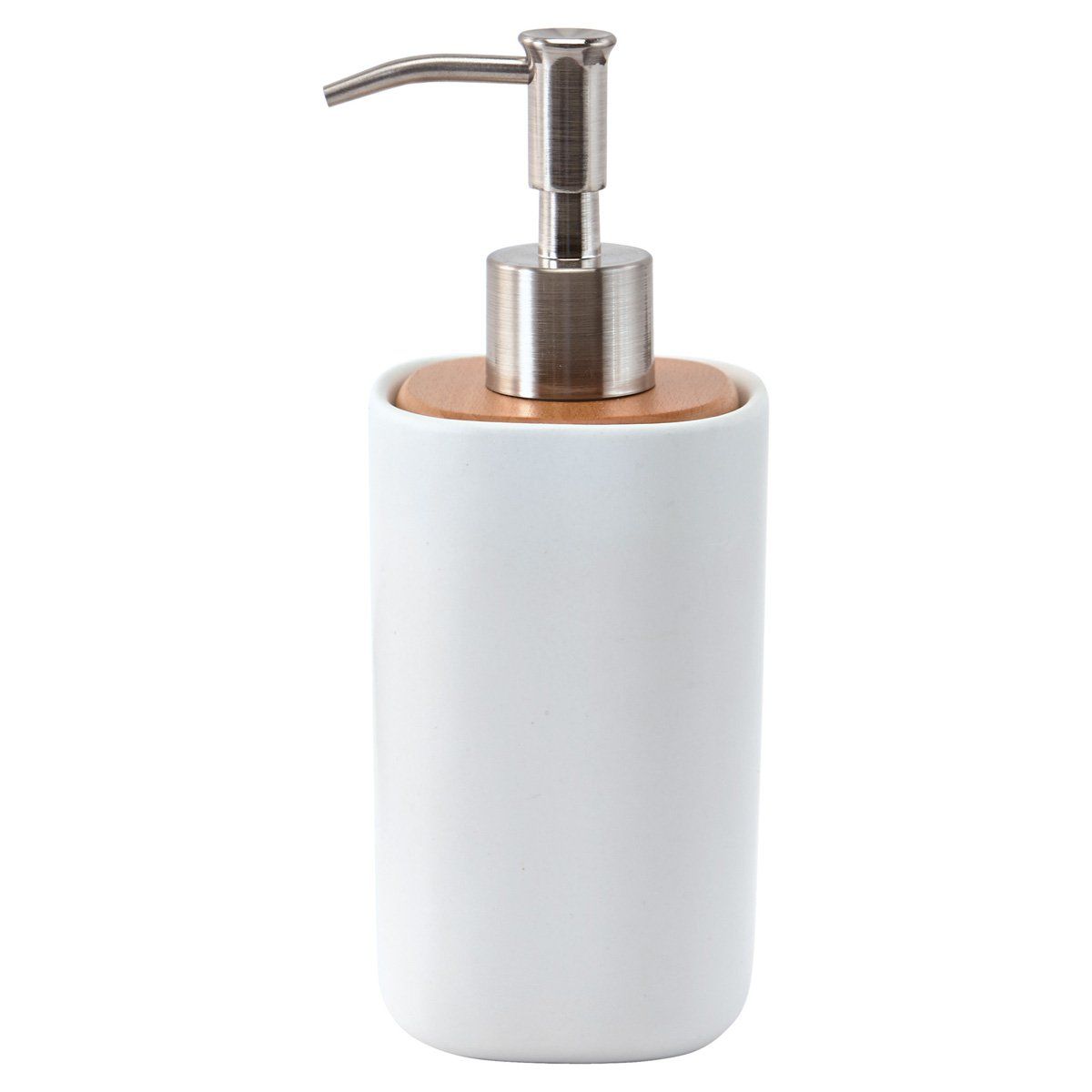 Aquanova Oscar Zeepdispenser Wit Keramisch/Roestvrijstaal/Hout 7,5 x 7,5 x 17,5 cm