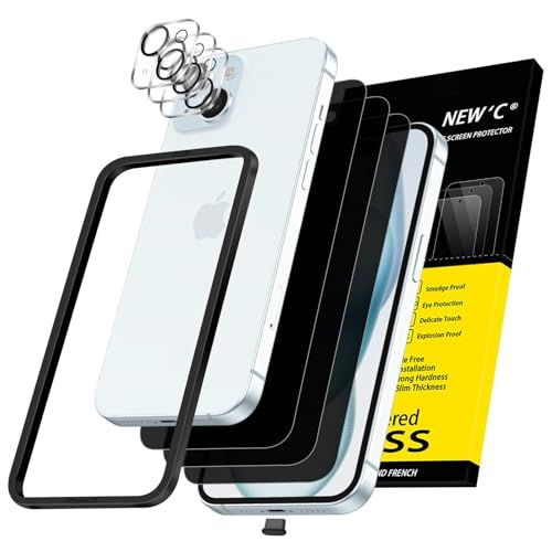 NEW'C 3 x Privacy Screen Protector voor iPhone 15 (6,1 inch) en 3 x Camera Lens Protector - Gehard Glass Schermbeschermer - Privacyhoek 28 graden - Eenvoudig installatiegereedschap inbegrepen