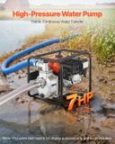 VEVOR Benzine-aangedreven waterpomp, 50,8 mm, 158 liter per minuut, 7 pk, semi-draagbare waterpomp voor het verpompen van water, met benzinemotor, 7,62 meter afvoerslang, robuust frame, gietijzeren waaier, geschikt voor irrigatie, zwembaden