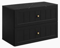 3xE living Meuble de salle de bain Suspendu sous lavabo 80 cm, 2 tiroirs, Noir + Plan de travail Marbre Noir Royal, 80 x 46 x 58,6 cm