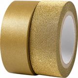 Merkloos Plakband - 2x rollen - goudkleurig - 7 en 10 meter - glitter - washi tape - hobby - knutselen
