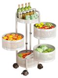 Étagère pivotante de cuisine en acier pour bœuf - 4 couches - Pivotante à 360° - Avec roues - Paniers en acier pour fruits et légumes - Avec couvercle - Blanc