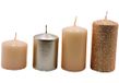 Adventskaarsen, stompkaarsen, adventskranskaarsen, tafelkaarsen in beige-cappuccino en bronzen glitter, levering 4 stuks, getrapt van L/B/H 5 x 5 x 5 cm tot L/B/H 5 x 5 x 9 cm