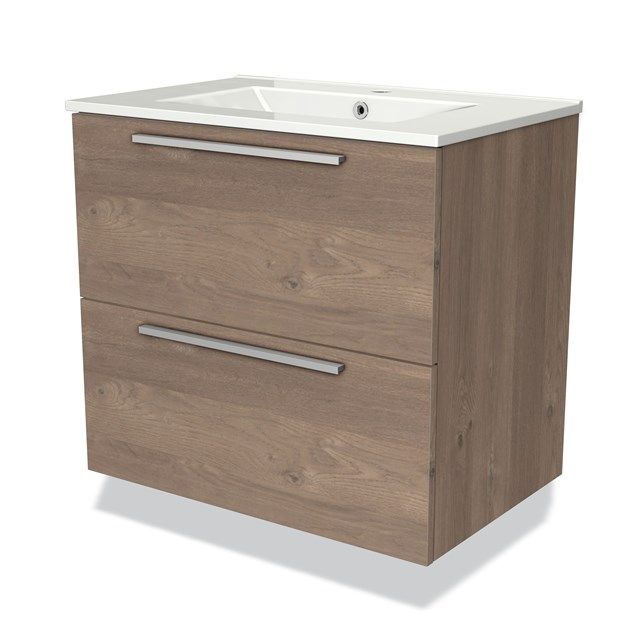 Maxaro Badkamermeubel 70cm Modulo Middenbruin Eiken 2 Lades Vlak Wastafel Keramiek