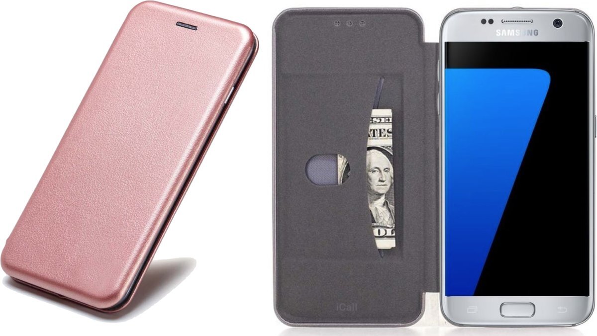 iCall Samsung Galaxy S7 Hoesje Wallet Book Case Roze / RosÃ©goud Hoesje Portemonnee Leer Galaxy S7 met Vakje voor Pasjes Hoesje Cover Galaxy S7 Case met Siliconen Houder