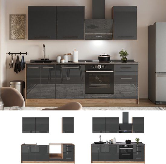 Vicco Complete keukeneenheid Fame-Line, Antraciet Hoogglans/Goudkleurig Eiken, 230 cm, WB Marmer