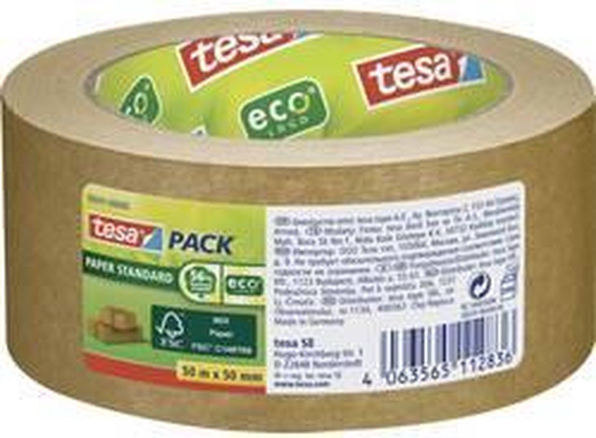 tesa tesapack Paper Standard - Milieuvriendelijke Papieren Verpakkingstape, 50 m x 50 mm - Bruin