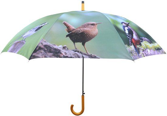 Esschert Design Paraplu vogels - groen - tuinvogel print - D120 cm - houten handvat