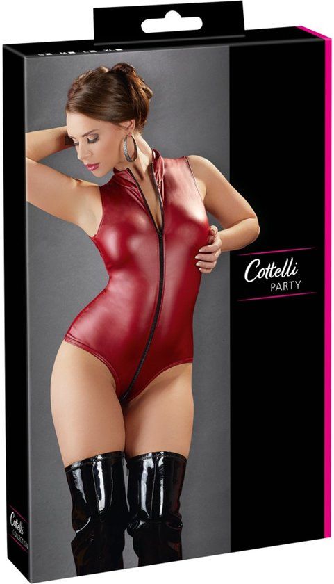 Wetlook Cottelli Collection Wetlook Body met Tweeweg Rits Rood Maat L