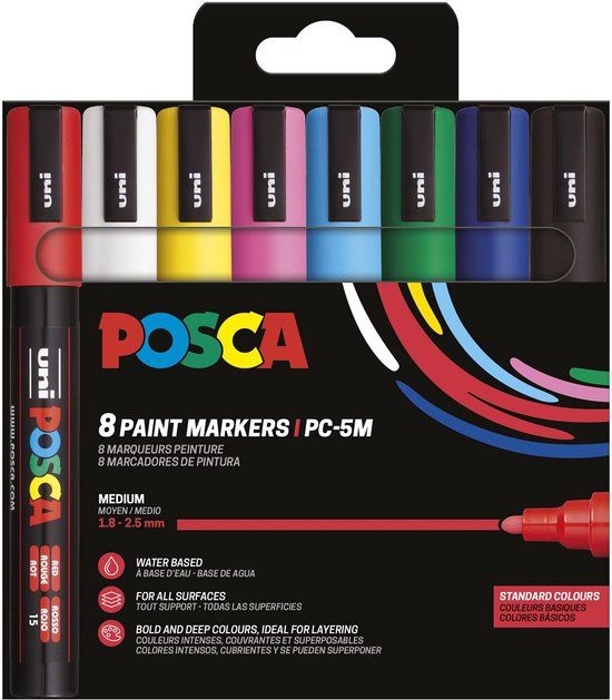 Posca Uni POSCA paintmarker PC-5M | 1 | 8 - 2 | 5 mm | etui van 8 stuks in basiskleuren