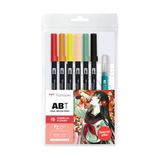 Tombow Manga-aquarelset met ABT Dual Brush-pennen, Camelia | 6 Dual Brush Pens, Manga Drawing Template & Water-Reservoir Brush, Watercolor Starter Set