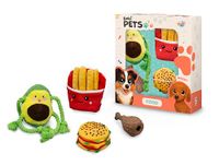 BUKI Pets - Speelgoedset voor honden - Set van 4 Speeltjes Thema Food: Knetterende en Piepende Friet, Piepende Burger, Avocado met Touw, Kippenstamper voor knaagdieren - PET002