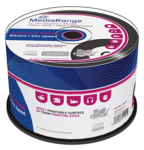 MediaRange Vinyl CD-R 700MB|80min 52x, Bedrukbaar (Inkjet), Zwarte Schrijfpagina, 50 stuks Cakebox