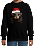 Bellatio Decorations Kersttrui / sweater familie Mol - kinderen - dieren - zwart - kerstmuts - Kerstmis 152/164