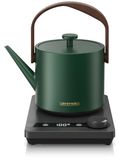 Arendo waterkoker retro, mini, 0,6 liter, 1200 W, theekoker met zwanenhalsuitloop, temperatuurinstelling van 40 tot 100 °C, LED-display, warmhoudfunctie, BPA-vrij, 360°-basis, groen