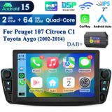 Peugeot 2+64GB Carplay 7-inch Android 15 autoradio pour Peugeot 107, Citroën C1, Toyota Aygo. Incluant navigation GPS, Wi-Fi, Bluetooth, FM, USB, RDS et DSP. Avec adaptateur DAB