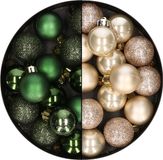 Merkloos / Sans marque Kaemingk B.V. 28x stuks kleine kunststof kerstballen donkergroen en champagne 3 cm