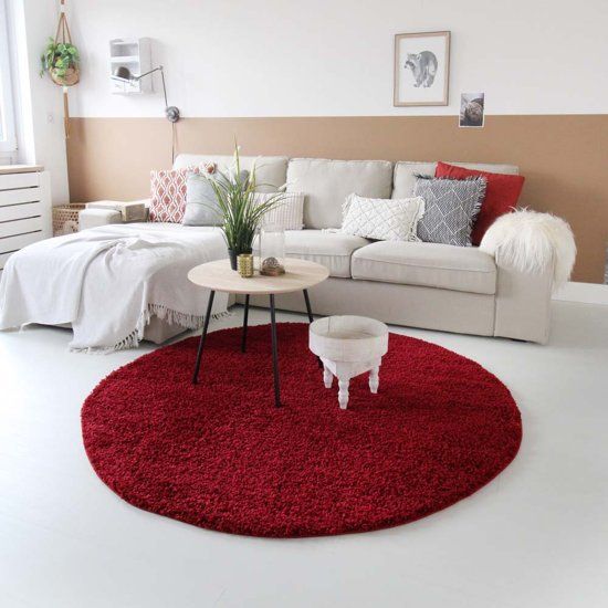 Tapeso Hoogpolig Vloerkleed Shaggy Trend Effen Rond 160 cm rond Rood
