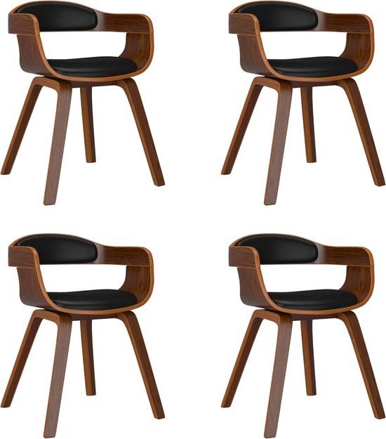 VidaXL Lot de 4 Chaises à Manger, Sièges à Dîner, Chaises de Repas, Meubles de Salle de Séjour Cuisine Maison Intérieur, Noir Bois Courbé et Similicuir
