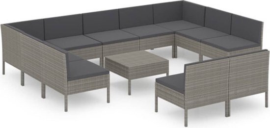 vidaXL 12-delige Loungeset met kussens poly rattan grijs