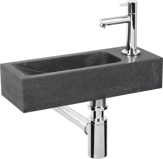 Differnz Luxor Fonteinset - Wasbak Natuursteen - Zwart - Gebogen Kraan - Chroom - 38x14x8cm