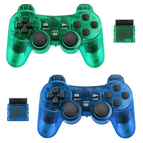 Achort 2-pack draadloze controller voor PS2 Playstation 2.4G Gamepad Joystick Remote met Dual Shock Vibration Sensitive Control draadloze ontvangers Sony (ClearBlue en ClearGreen)