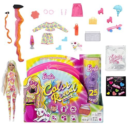 Barbie Color Reveal Complete Neonmode, pop met platina haar en gele highlights, en 25 verrassingen, waaronder kleurverandering, cadeau voor kinderen HCD26