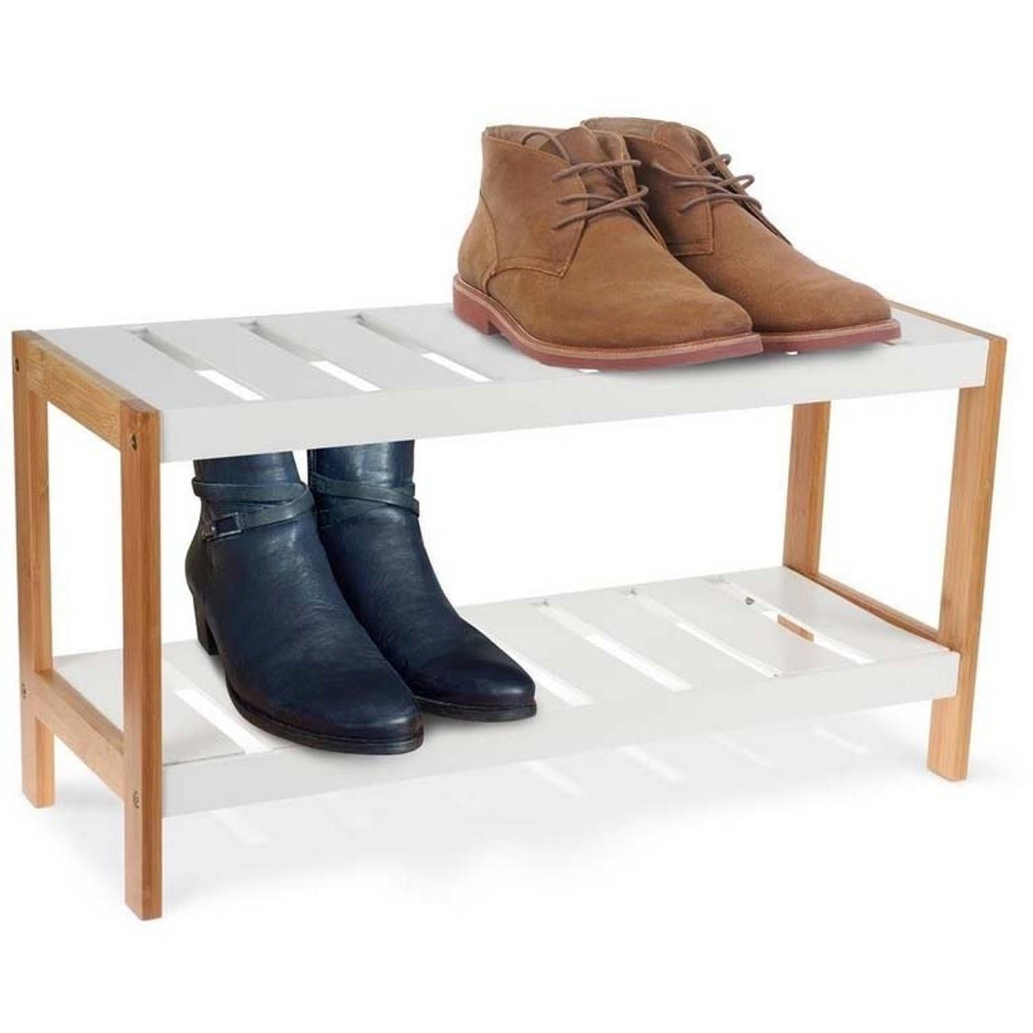 Excellent houseware schoenenrek - schoenenkast - 2 planken - wit/bruin
