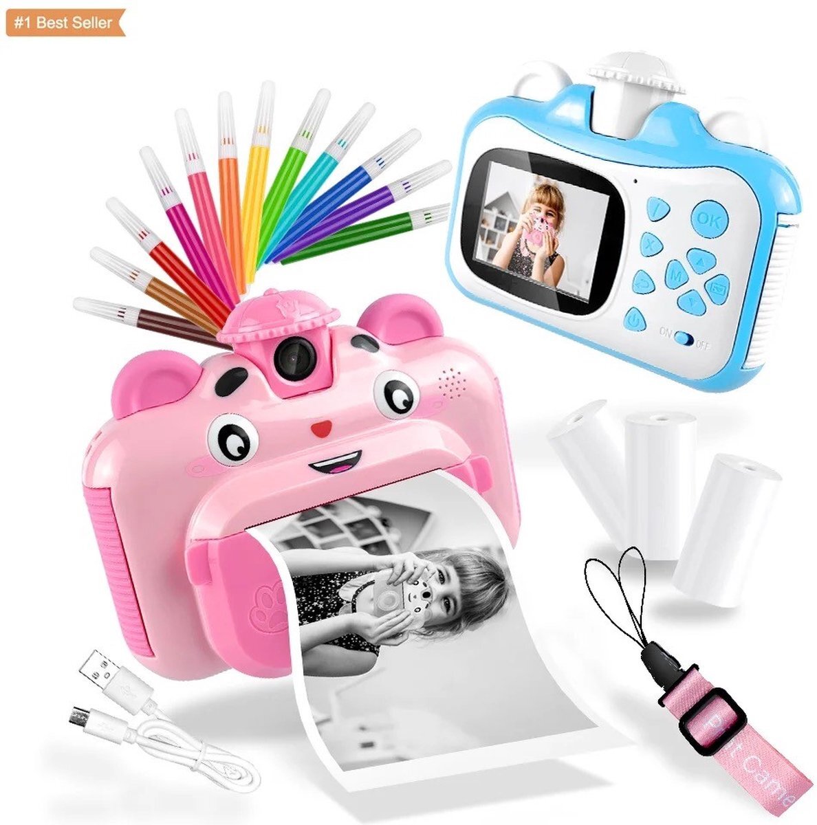 BP Kindercamera met Fotoprinter - Kinderfototoestel - Vlog camera voor beginners - Camera Kinderen - Foto & Video - 26 Foto Lijsten - 1080P HD - Inclusief 32GB SD kaart - 3 Rollen papier - Roze