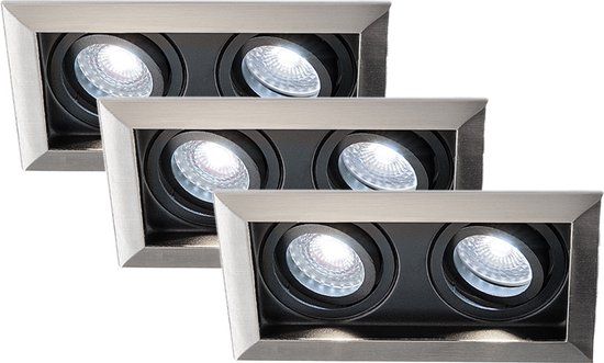 HOFTRONIC Set van 3 Durham Dubbel LED Inbouwspots vierkant RVS - GU10 - 10 Watt 800 Lumen - 6000K Daglicht wit licht - Kantelbaar en Dimbaar - Diameter 100x185mm - Plafondspots 2 lichts