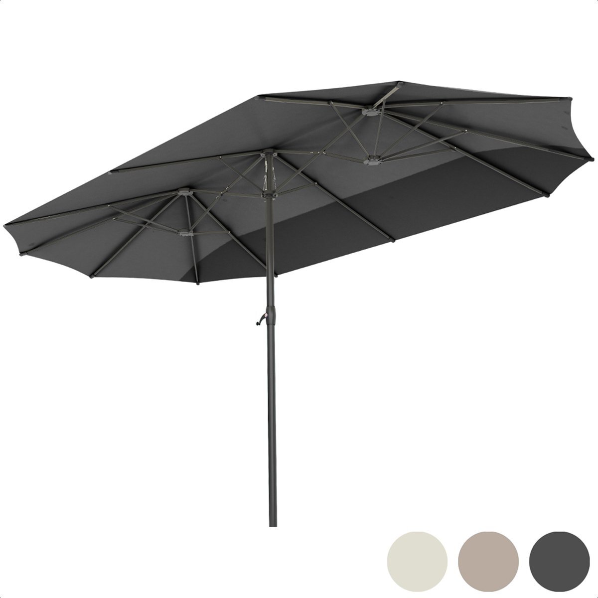 LifeGoods Dubbele Parasol - Staande Stokparasol - Tot 15 Personen - 270x460cm - Waterdicht - Met Hoes - Tuin of Strand - Donkergrijs