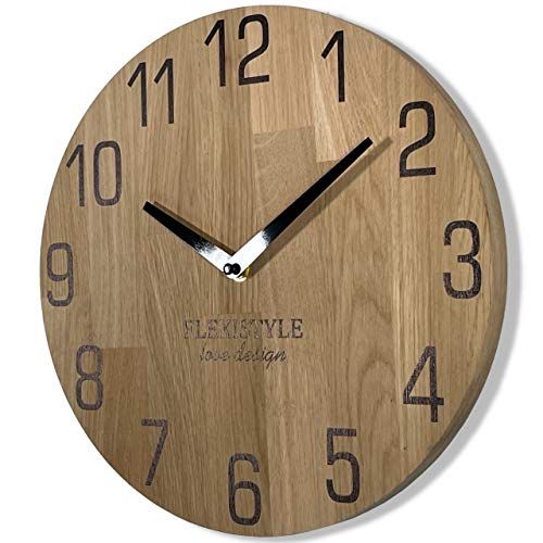 FLEXISTYLE Wandklok natuur 30 cm diameter houtlook 100% eiken, hout modern, woonkamer, zonder tikkende geluiden