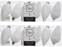 Decoris Kersthangers dennenappels - 12x st - wit - glitter - 8 cm - kunststof