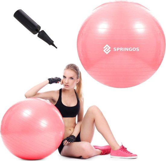 Springos Fitness Bal - 75 cm - Roze - Incl. Pomp