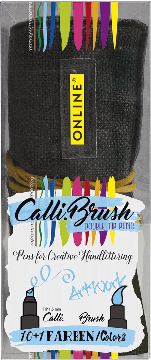 Online Schreibgeräte ONLINE 11 Calli.Brush Double Tip Pens met kalligrafiepunt 2 mm en flexibele penseelpunt, intense kleuren, in Roll Pouch
